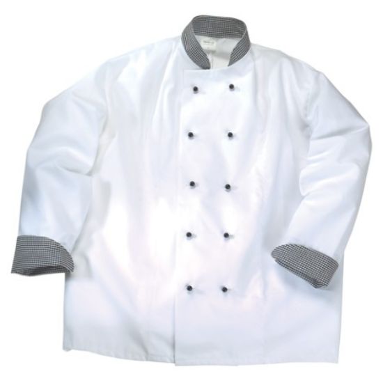 Picture of Chef Jacket White Gingham Trim Black Button Med *p